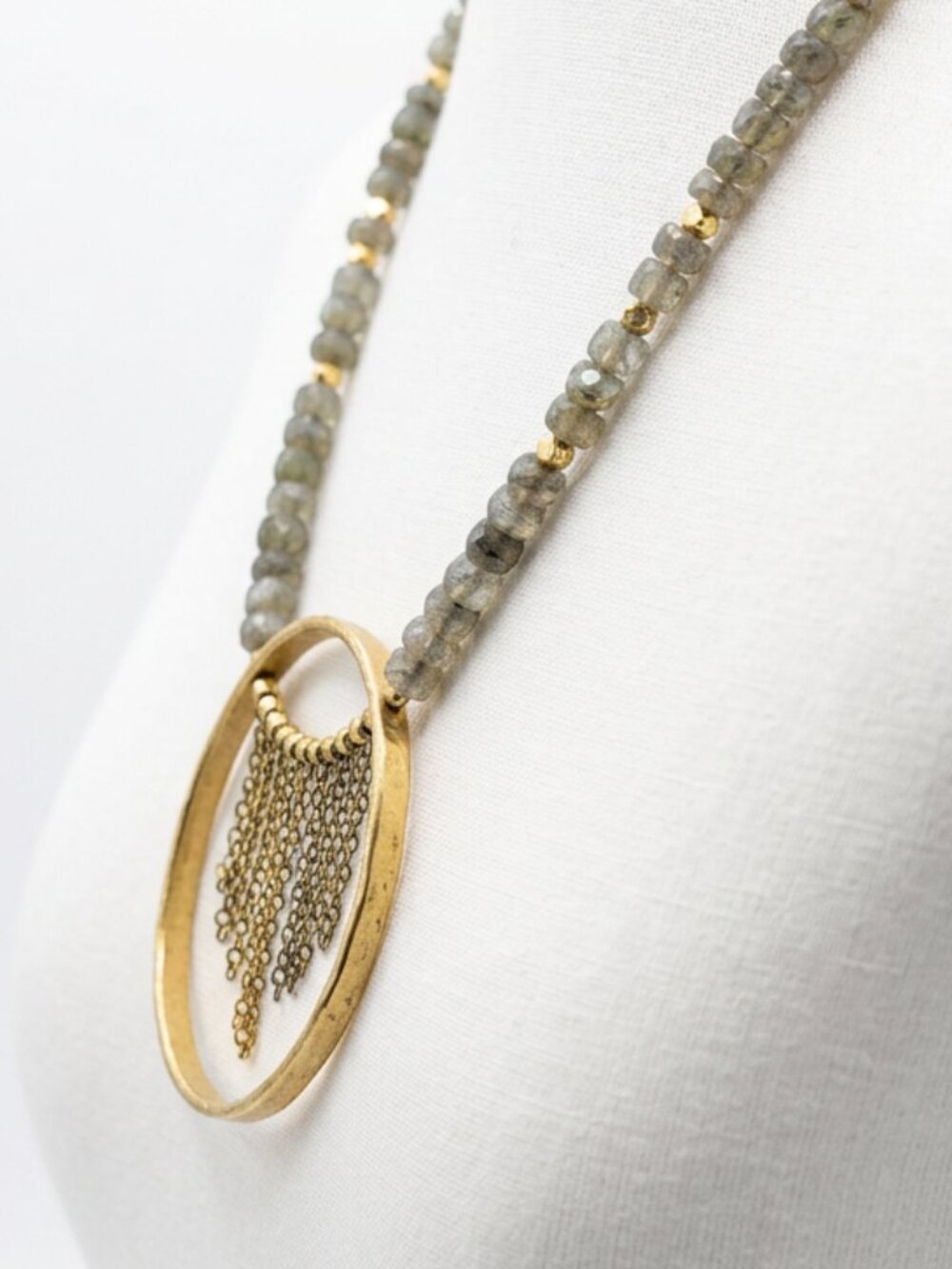 Artisan Labradorite & Recycled Brass Tassel Hoop Necklace - Made in India